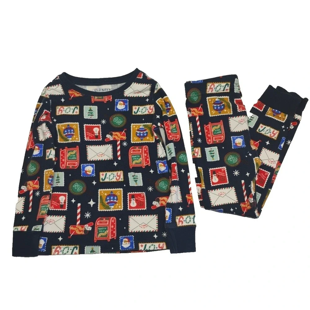 Old Navy Unisex 4T Christmas Stamps Mailbox North Pole Pajamas‎ PJs Snug Fit